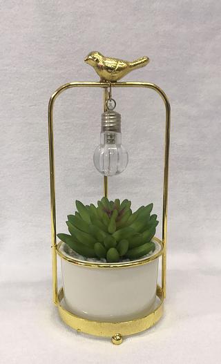 Vaso decorativo de ceramica com suculenta artificial com suporte metal