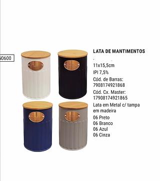 LATA DE MANTIMENTOS DE META COM TAMPA EM MADEIRA