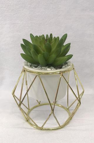 Vaso decorativo de ceramica com suculenta artificial com suporte metal